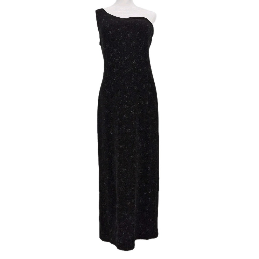 Vtg 90s Ronni Nicole Black Shimmer One Shoulder Gown Slinky Stretch Y2K Sz 8P